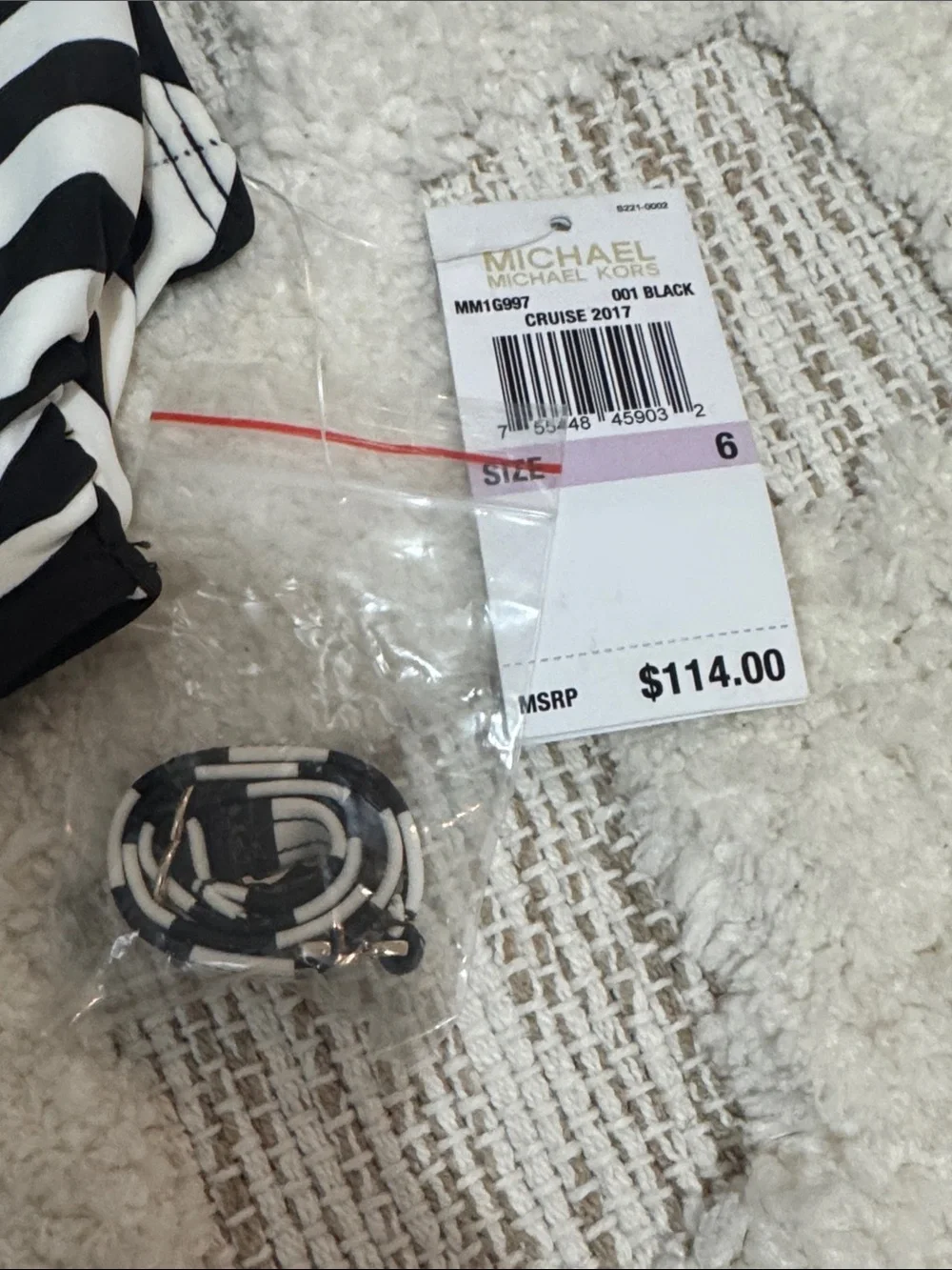 Michael Kors Striped One Shoulder One Piece Swimsuit Size 6 Black White NWT